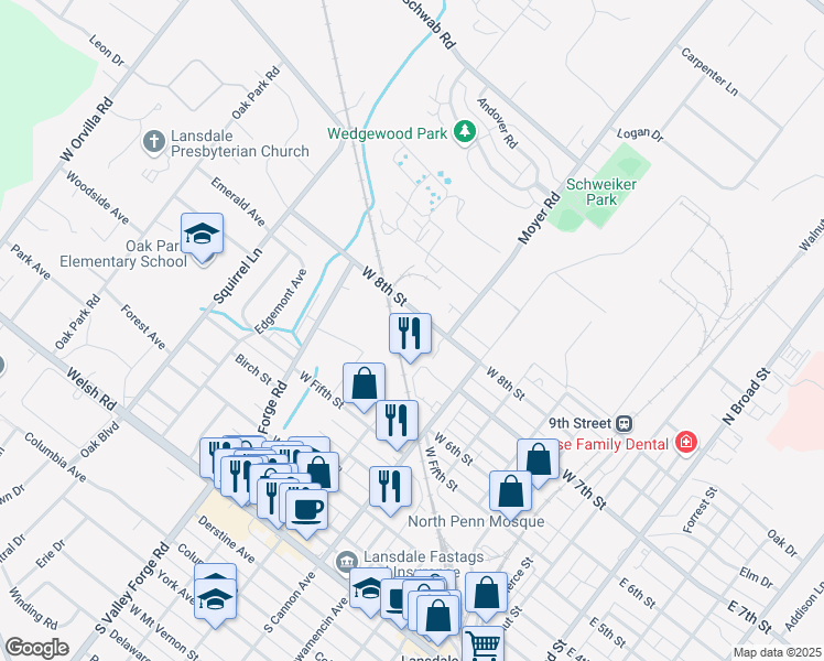 map of restaurants, bars, coffee shops, grocery stores, and more near 630 West 8th Street in Lansdale
