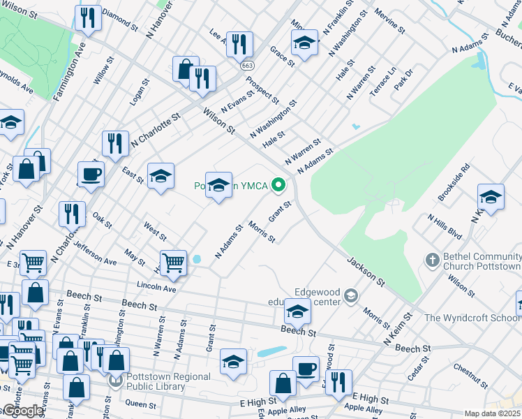 map of restaurants, bars, coffee shops, grocery stores, and more near 716 North Adams Street in Pottstown