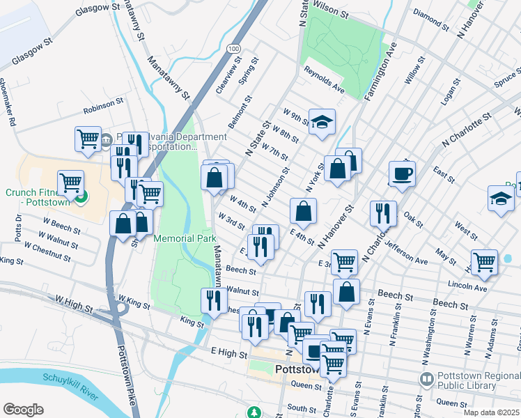 map of restaurants, bars, coffee shops, grocery stores, and more near 1 W 4th St in Pottstown