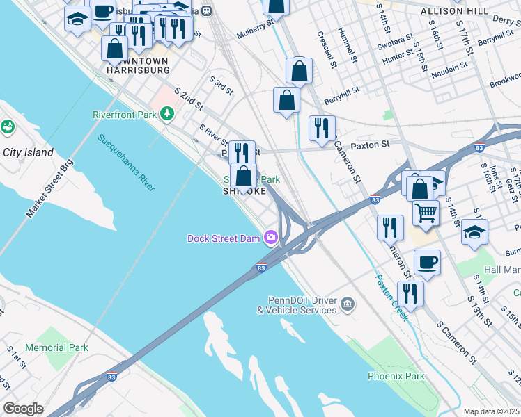 map of restaurants, bars, coffee shops, grocery stores, and more near 106 Nagle Street in Harrisburg