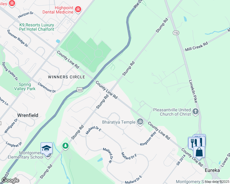 map of restaurants, bars, coffee shops, grocery stores, and more near 3583 County Line Road in Chalfont