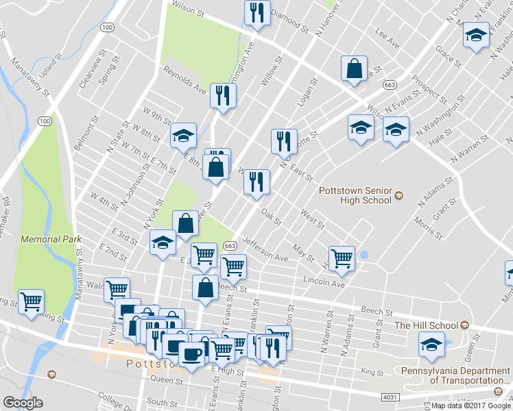 map of restaurants, bars, coffee shops, grocery stores, and more near 298 Oak Street in Pottstown