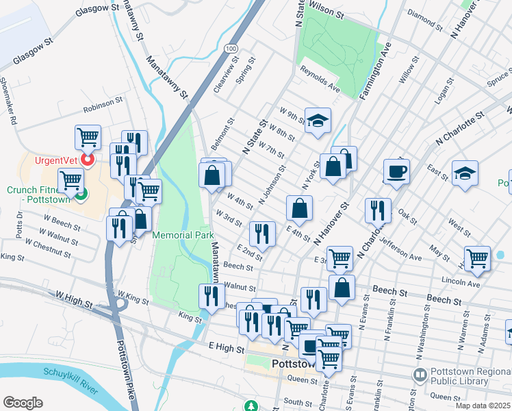 map of restaurants, bars, coffee shops, grocery stores, and more near 313 North Johnson Street in Pottstown