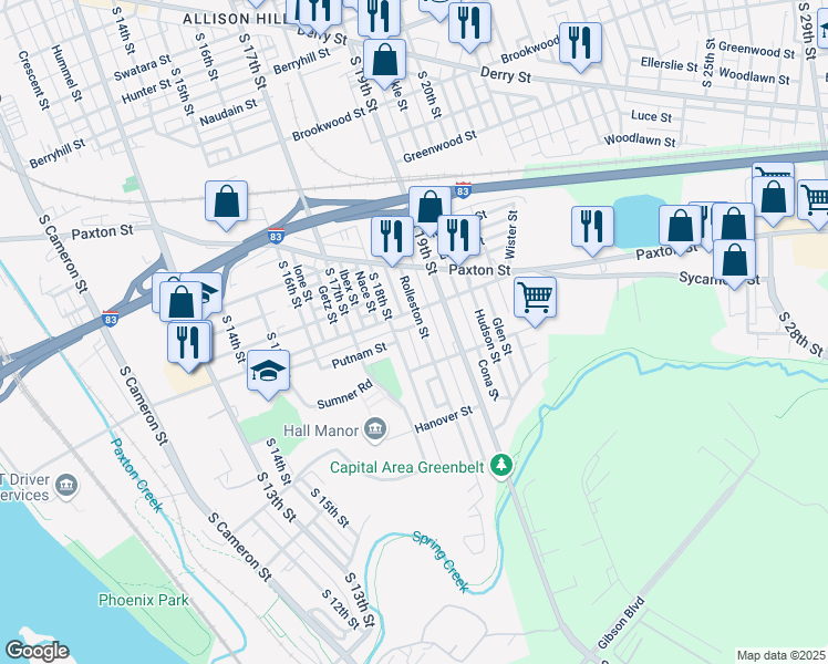 map of restaurants, bars, coffee shops, grocery stores, and more near 1136 Rolleston Street in Harrisburg