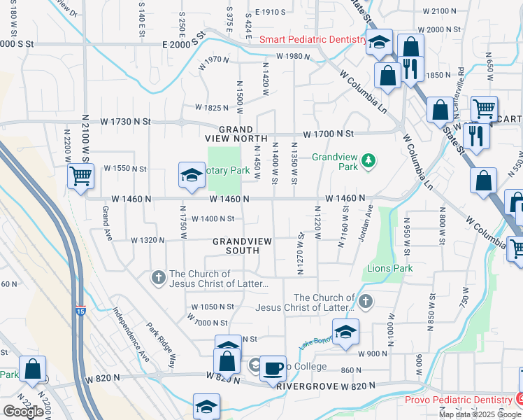 map of restaurants, bars, coffee shops, grocery stores, and more near 1420 North 1450 West in Provo