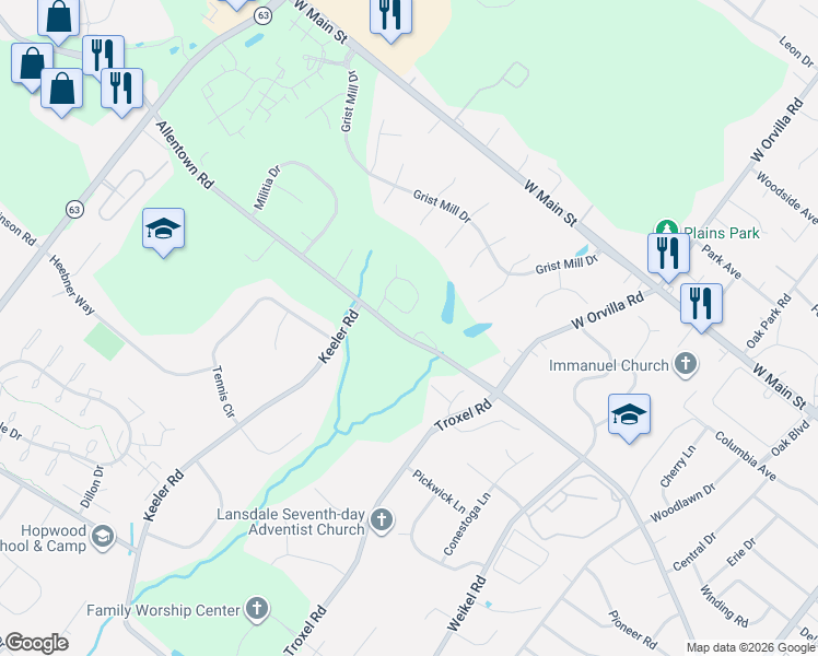map of restaurants, bars, coffee shops, grocery stores, and more near 1460 Allentown Road in Lansdale