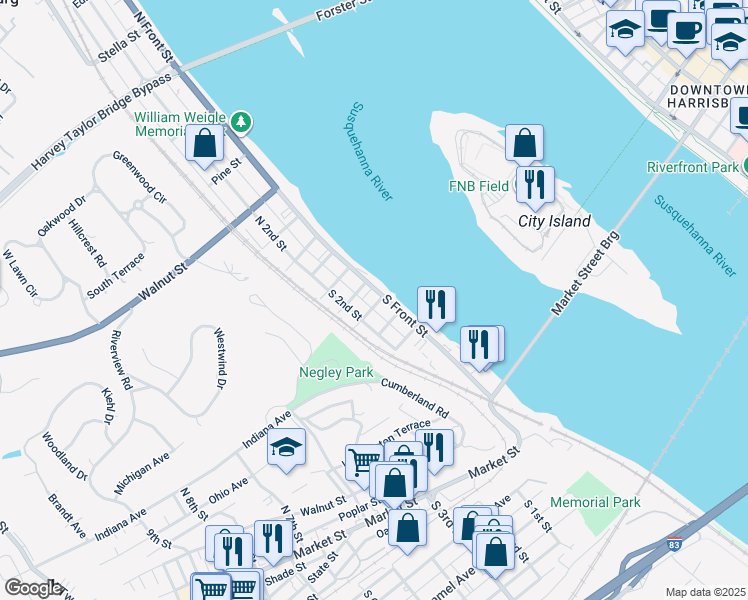 map of restaurants, bars, coffee shops, grocery stores, and more near 128 South Front Street in Wormleysburg