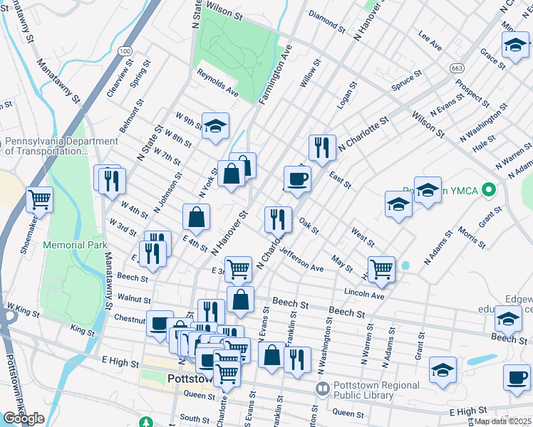 map of restaurants, bars, coffee shops, grocery stores, and more near 383 Spruce Street in Pottstown