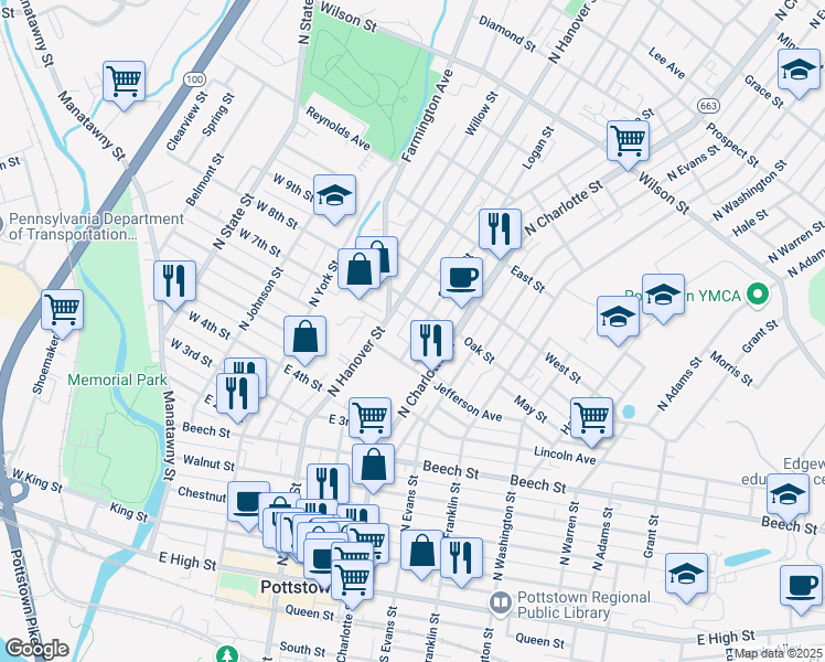 map of restaurants, bars, coffee shops, grocery stores, and more near 383 Spruce Street in Pottstown