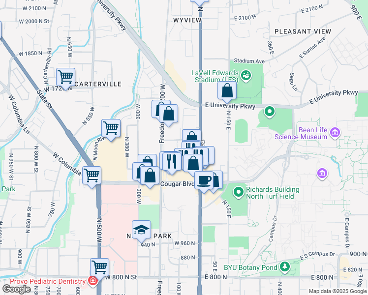 map of restaurants, bars, coffee shops, grocery stores, and more near 108 West 1230 North Street in Provo