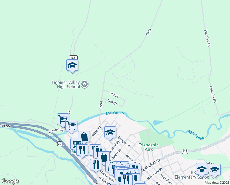 map of restaurants, bars, coffee shops, grocery stores, and more near 15 3rd Street in Ligonier
