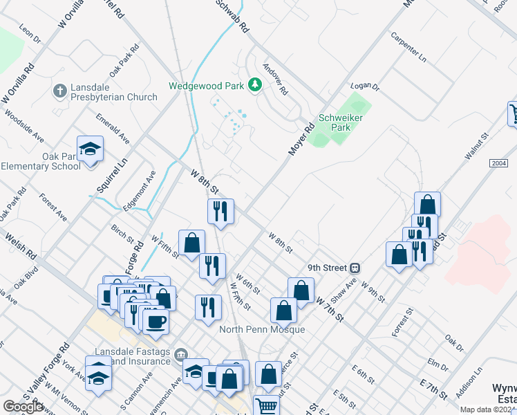 map of restaurants, bars, coffee shops, grocery stores, and more near 513a West 8th Street in Lansdale