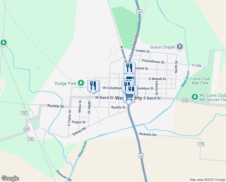 map of restaurants, bars, coffee shops, grocery stores, and more near 220 West Baird Street in West Liberty