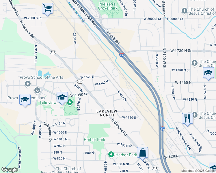 map of restaurants, bars, coffee shops, grocery stores, and more near 2504 West 1390 North in Provo