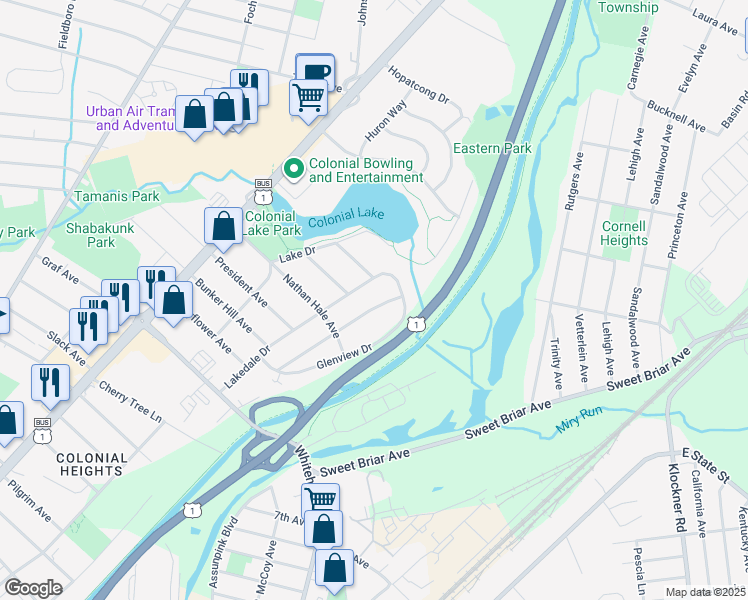 map of restaurants, bars, coffee shops, grocery stores, and more near 132 Villanova Drive in Lawrence Township