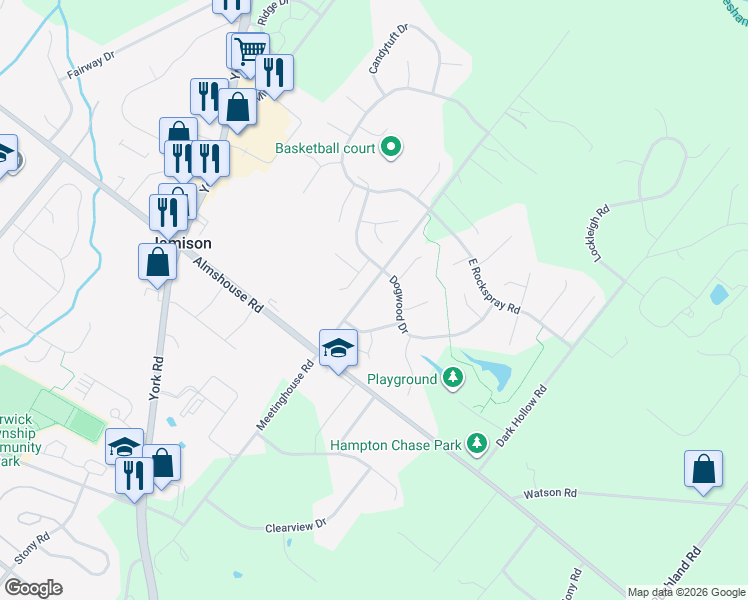 map of restaurants, bars, coffee shops, grocery stores, and more near 1373 Foxglove Drive in Jamison