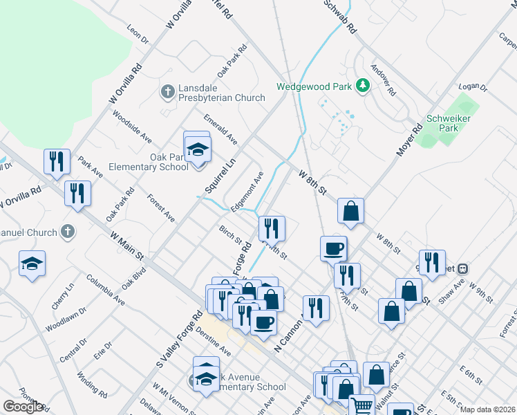map of restaurants, bars, coffee shops, grocery stores, and more near 1019 Poplar Street in Lansdale