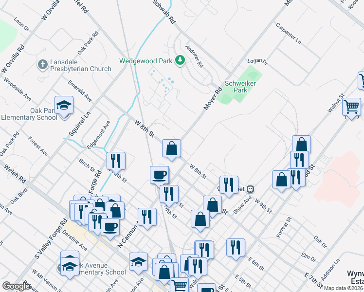 map of restaurants, bars, coffee shops, grocery stores, and more near 513a West 8th Street in Lansdale