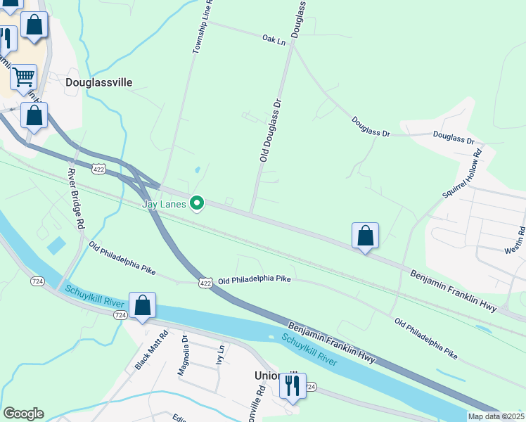 map of restaurants, bars, coffee shops, grocery stores, and more near 5 Old Douglass Drive in Douglassville