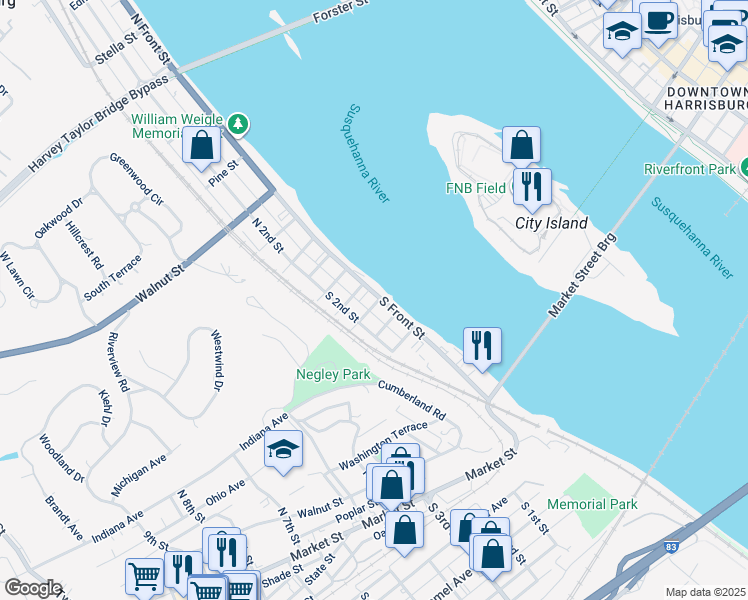 map of restaurants, bars, coffee shops, grocery stores, and more near 128 South Front Street in Wormleysburg