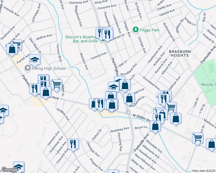 map of restaurants, bars, coffee shops, grocery stores, and more near 77 Harrop Place in Ewing Township