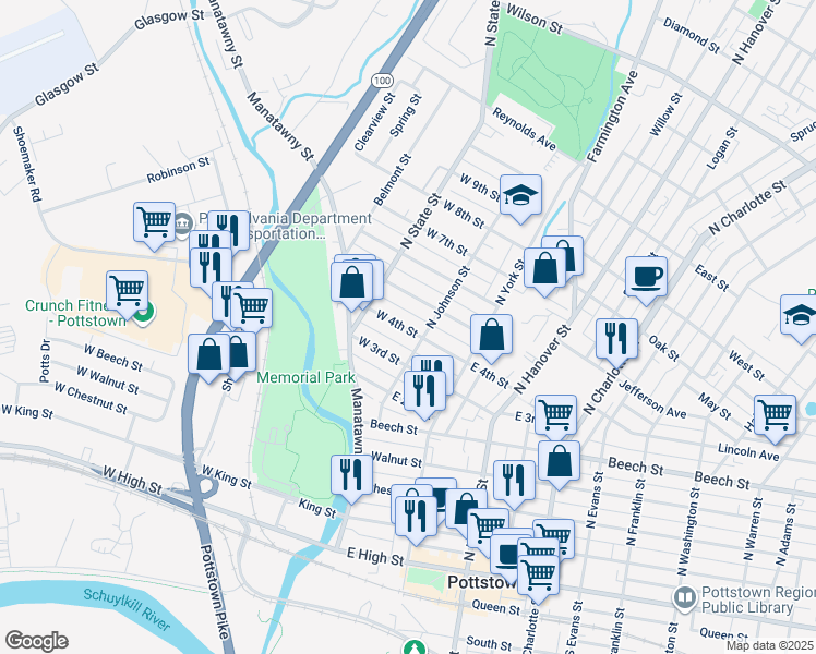 map of restaurants, bars, coffee shops, grocery stores, and more near 19 West 4th Street in Pottstown