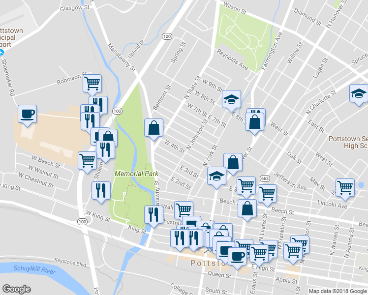 map of restaurants, bars, coffee shops, grocery stores, and more near 9 West 4th Street in Pottstown