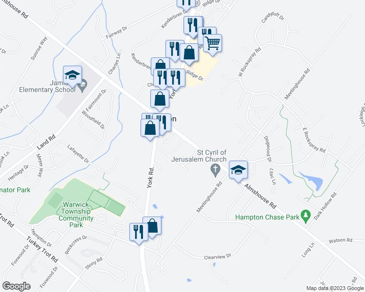 map of restaurants, bars, coffee shops, grocery stores, and more near 2183 Meadowview Drive in Jamison