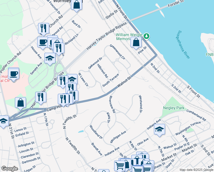 map of restaurants, bars, coffee shops, grocery stores, and more near 53 South Terrace in Wormleysburg