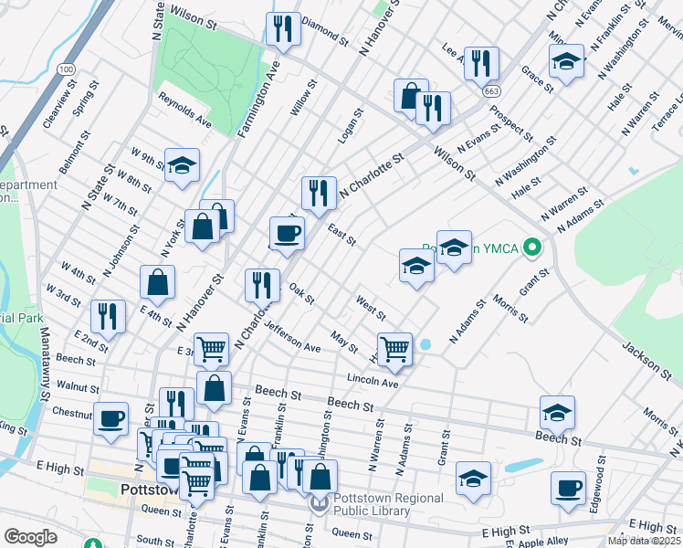 map of restaurants, bars, coffee shops, grocery stores, and more near 511 North Franklin Street in Pottstown