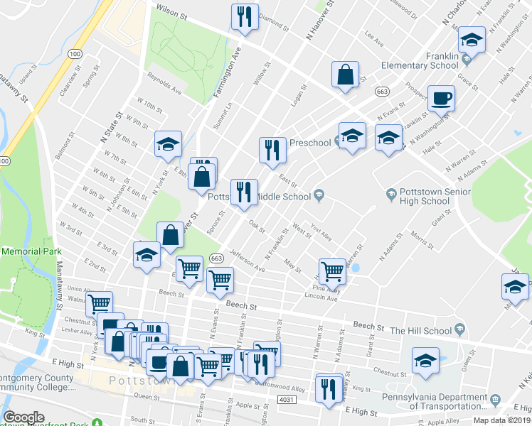 map of restaurants, bars, coffee shops, grocery stores, and more near 475 North Evans Street in Pottstown