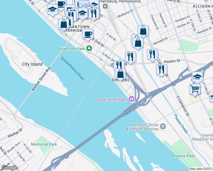 map of restaurants, bars, coffee shops, grocery stores, and more near in Harrisburg