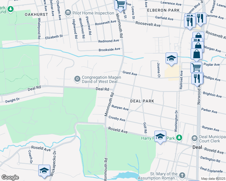 map of restaurants, bars, coffee shops, grocery stores, and more near Deal Lake Drive in Asbury Park