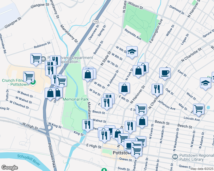 map of restaurants, bars, coffee shops, grocery stores, and more near 341 North Johnson Street in Pottstown