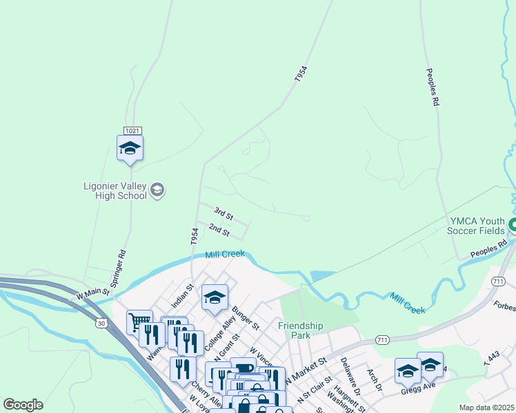 map of restaurants, bars, coffee shops, grocery stores, and more near 714 North Walnut Street in Ligonier