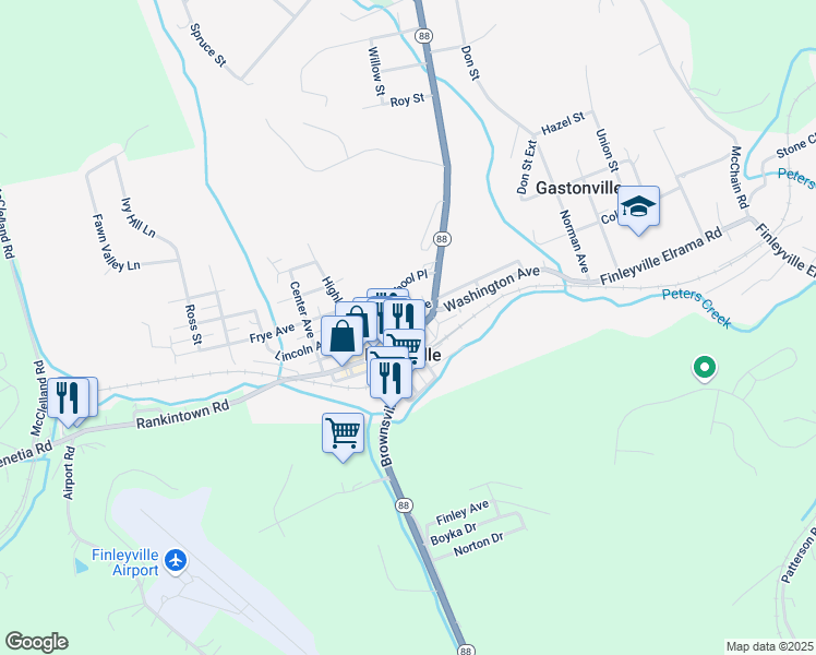 map of restaurants, bars, coffee shops, grocery stores, and more near 3546 Washington Avenue in Finleyville