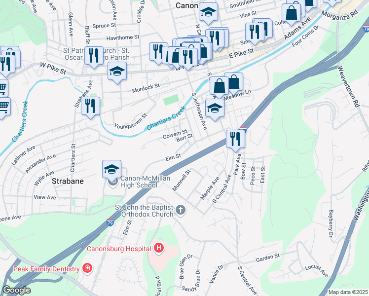 map of restaurants, bars, coffee shops, grocery stores, and more near 226 Elm Street in Canonsburg