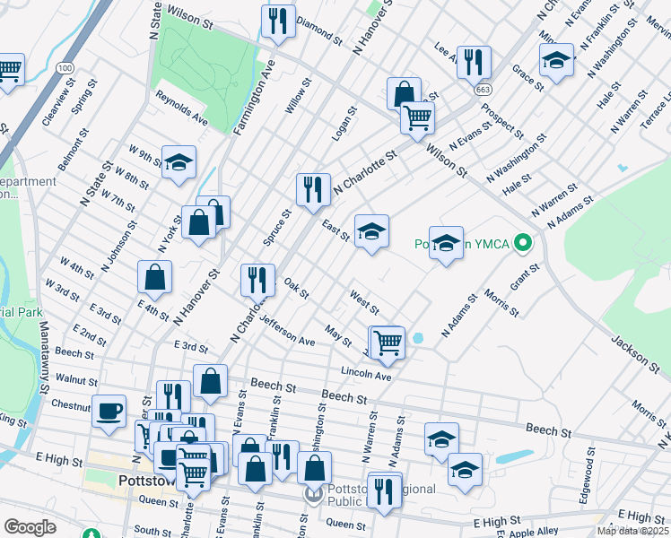 map of restaurants, bars, coffee shops, grocery stores, and more near 511 North Franklin Street in Pottstown