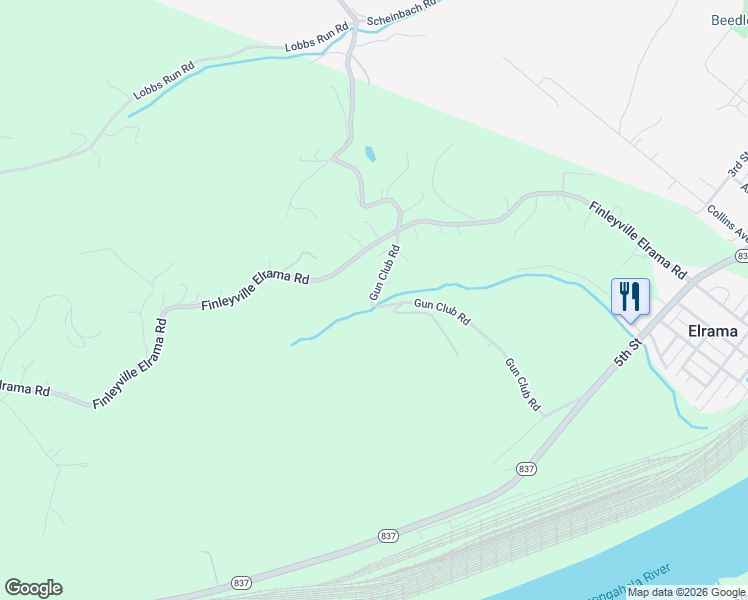 map of restaurants, bars, coffee shops, grocery stores, and more near 124 Gun Club Road in Finleyville