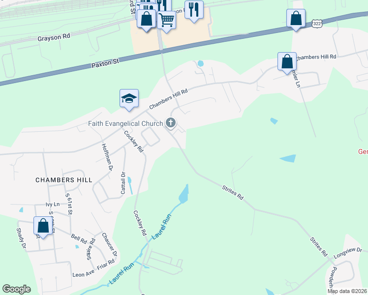 map of restaurants, bars, coffee shops, grocery stores, and more near 632 Strites Road in Harrisburg