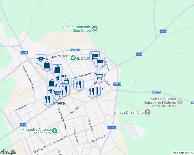 map of restaurants, bars, coffee shops, grocery stores, and more near 5 Via S. Ten. Sprò in Calimera