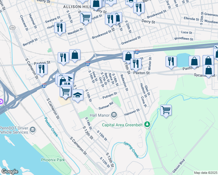 map of restaurants, bars, coffee shops, grocery stores, and more near 1033 South 17th Street in Harrisburg