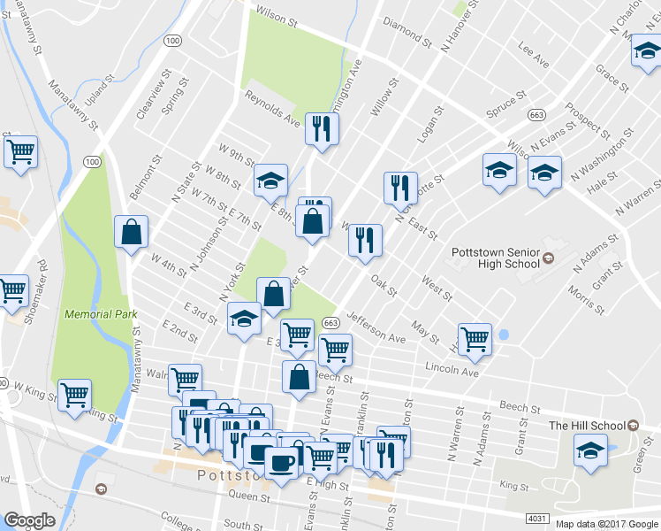 map of restaurants, bars, coffee shops, grocery stores, and more near 387 Spruce Street in Pottstown