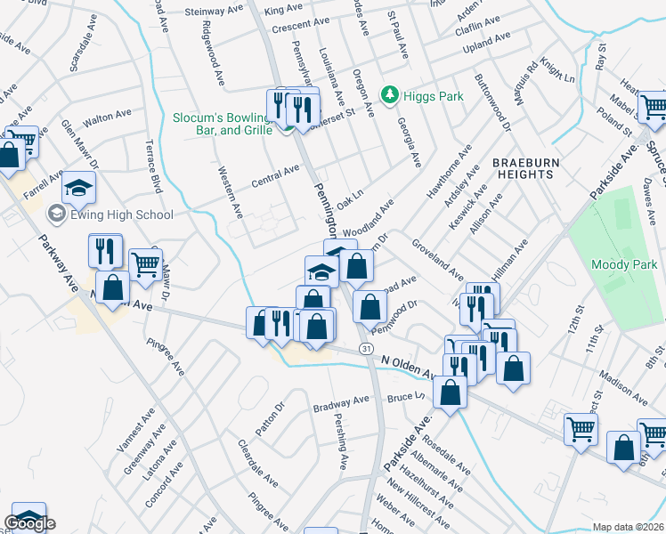 map of restaurants, bars, coffee shops, grocery stores, and more near 1545 Pennington Road in Ewing Township