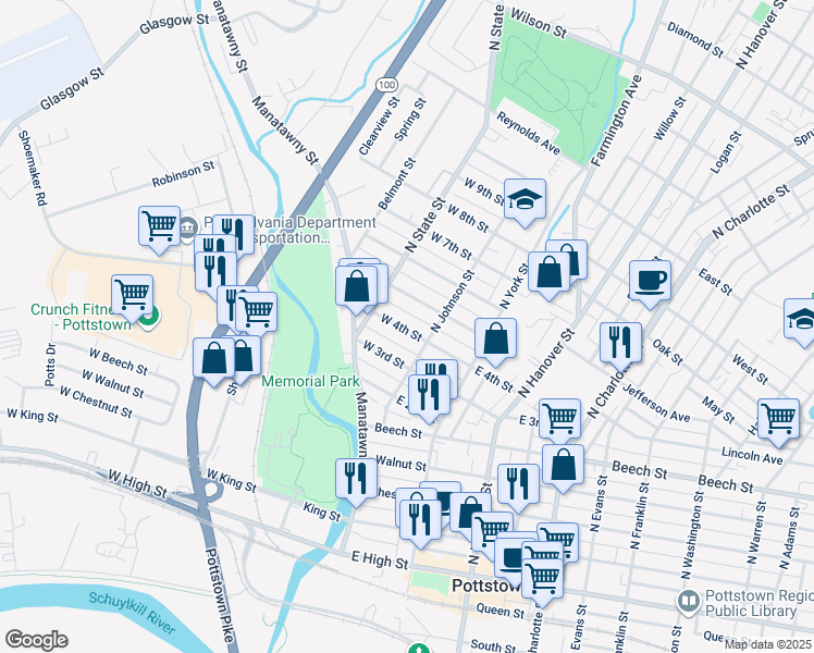 map of restaurants, bars, coffee shops, grocery stores, and more near 25 West 4th Street in Pottstown