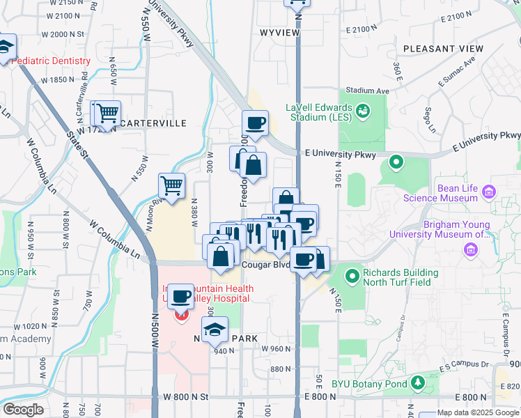 map of restaurants, bars, coffee shops, grocery stores, and more near 1340 North Freedom Boulevard in Provo
