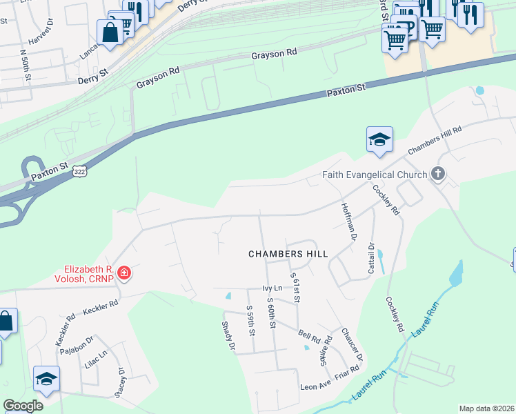 map of restaurants, bars, coffee shops, grocery stores, and more near 6031 Chambers Hill Road in Harrisburg