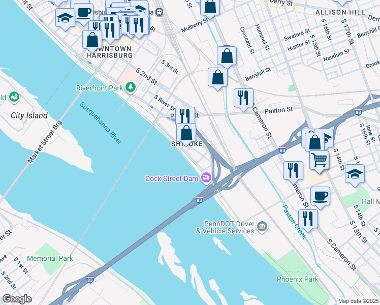 map of restaurants, bars, coffee shops, grocery stores, and more near 605 South Front Street in Harrisburg