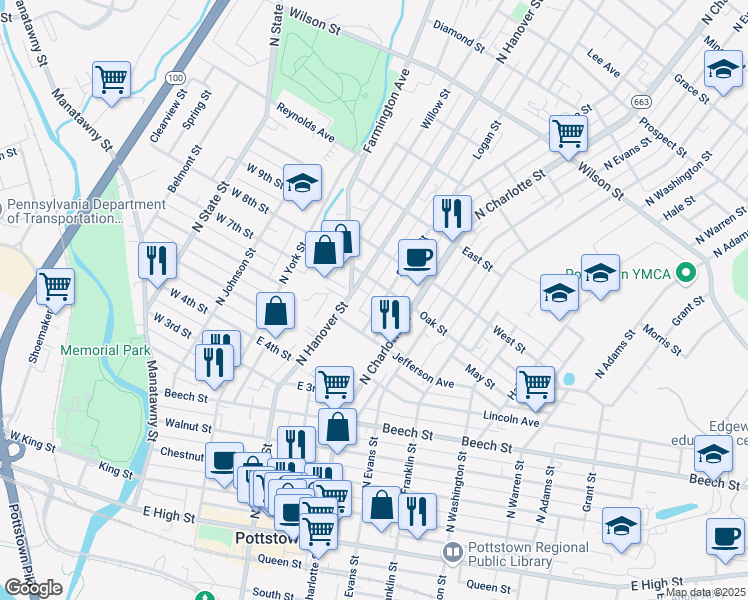map of restaurants, bars, coffee shops, grocery stores, and more near 389 Spruce Street in Pottstown