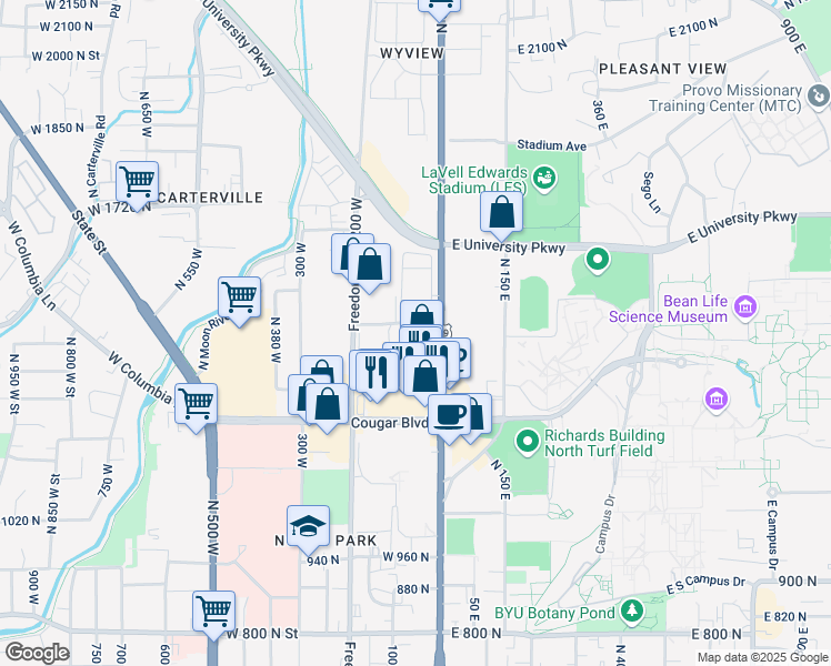 map of restaurants, bars, coffee shops, grocery stores, and more near 108 West 1230 North Street in Provo